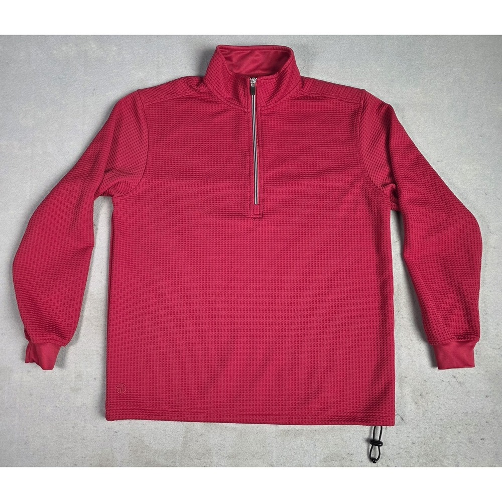 Men's Straight Down Pullover MEDIUM Waffle Knit Quarter Zip Sweater Golf Red
